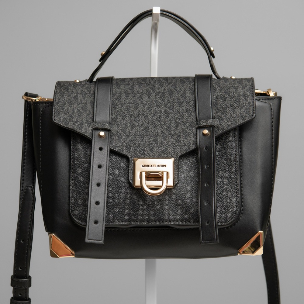 Michael Kors Purse Manhattan Crossbody Messenger Bag Black Monogram Edgy Chic